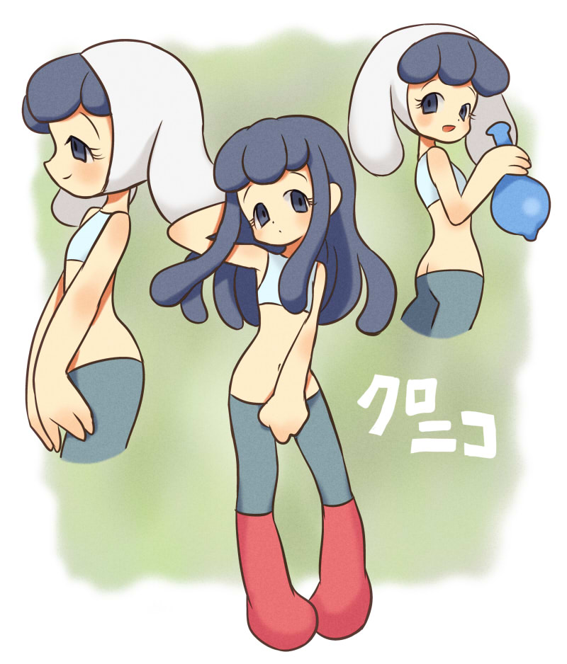 00s, 1girl, animal_ears, ass, blue_eyes, blue_hair, boots, rabbit_ears, butt_crack, chroniko, dual_persona, fake_animal_ears, frown, girotin_ginza, hip_focus, holding, hood, jewelry, kaiba, long_hair, looking_back, midriff, navel, necklace, open_mouth, smile, wide_hips