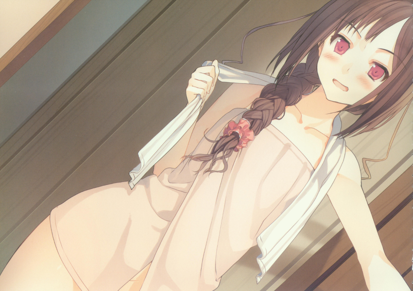 1girl, akinashi_yuu, bare_shoulders, blush, braid, brown_hair, collarbone, dutch_angle