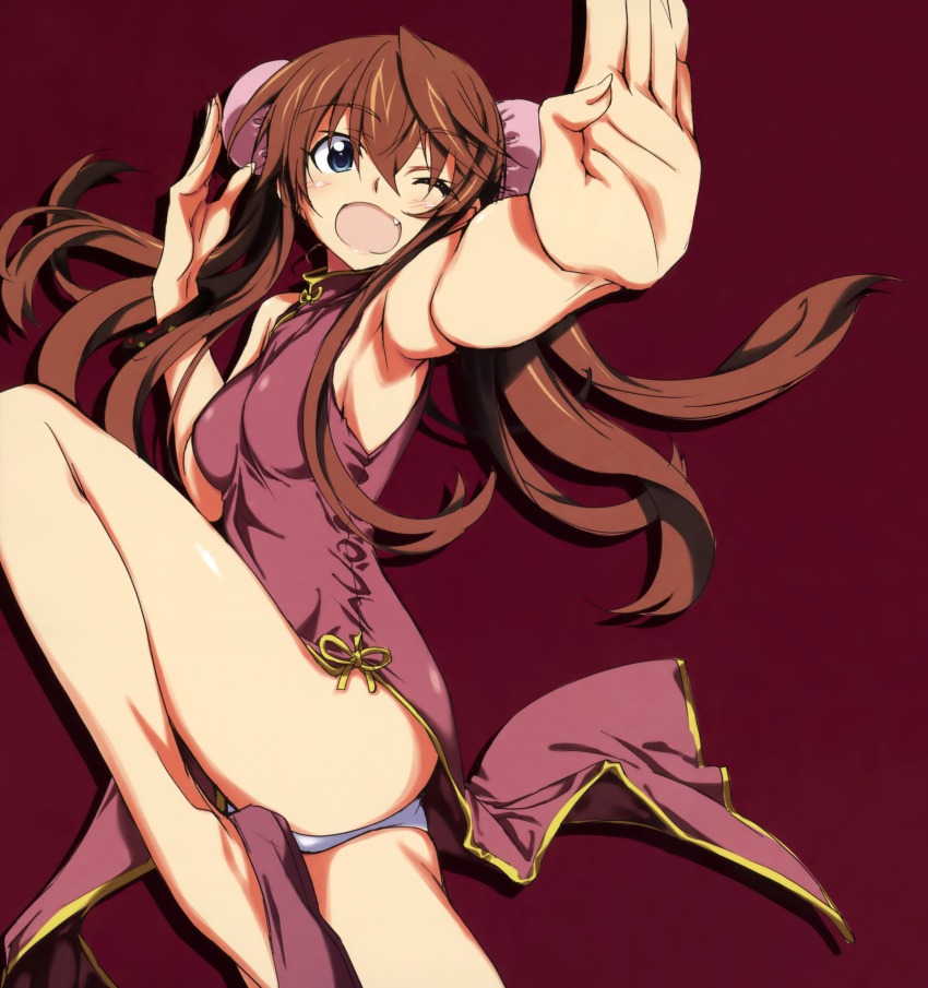 10s, 1girl, ;d, absurdres, armpits, bare_shoulders, brown_hair, bun_cover