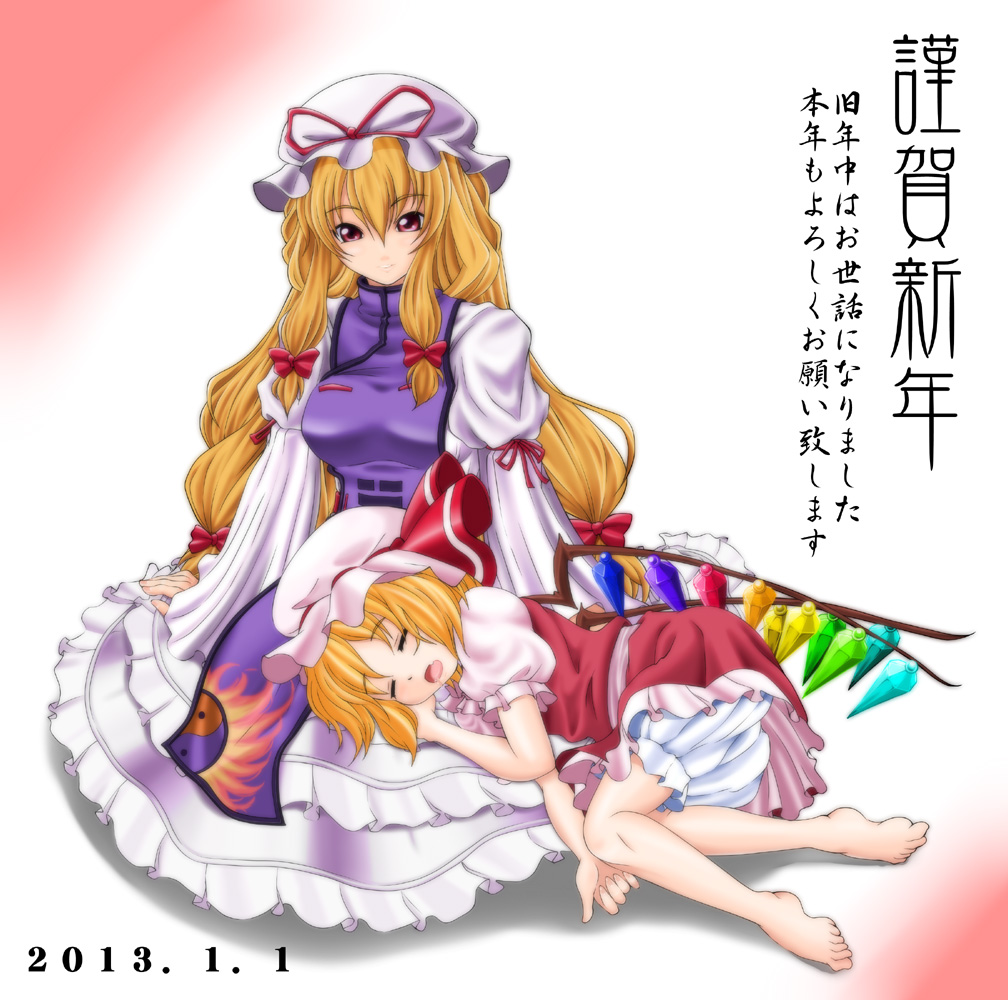 10s, 2013, 2girls, ascot, blonde_hair, bloomers, blush, bow