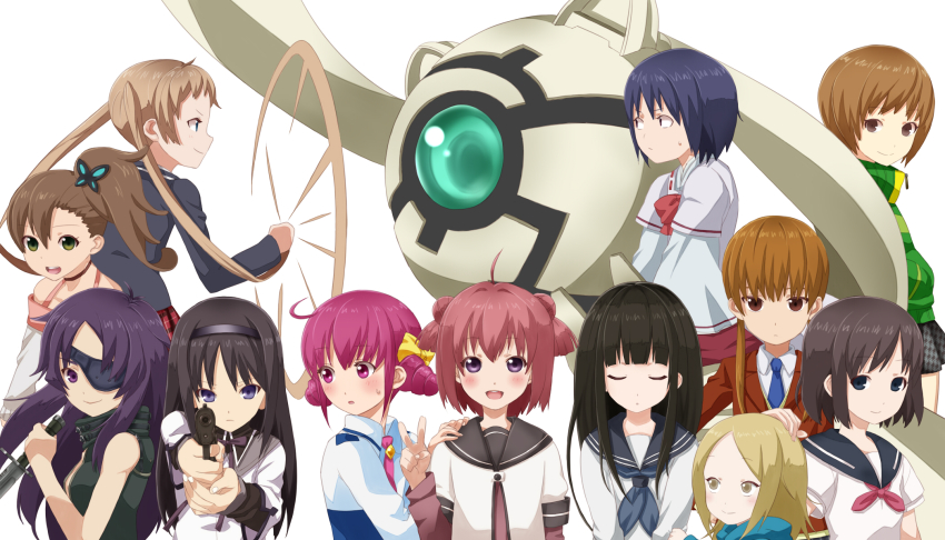 10s, 6+girls, ahoge, akaza_akari, akemi_homura, akemi_homura_(magical_girl), atlus, bad_id