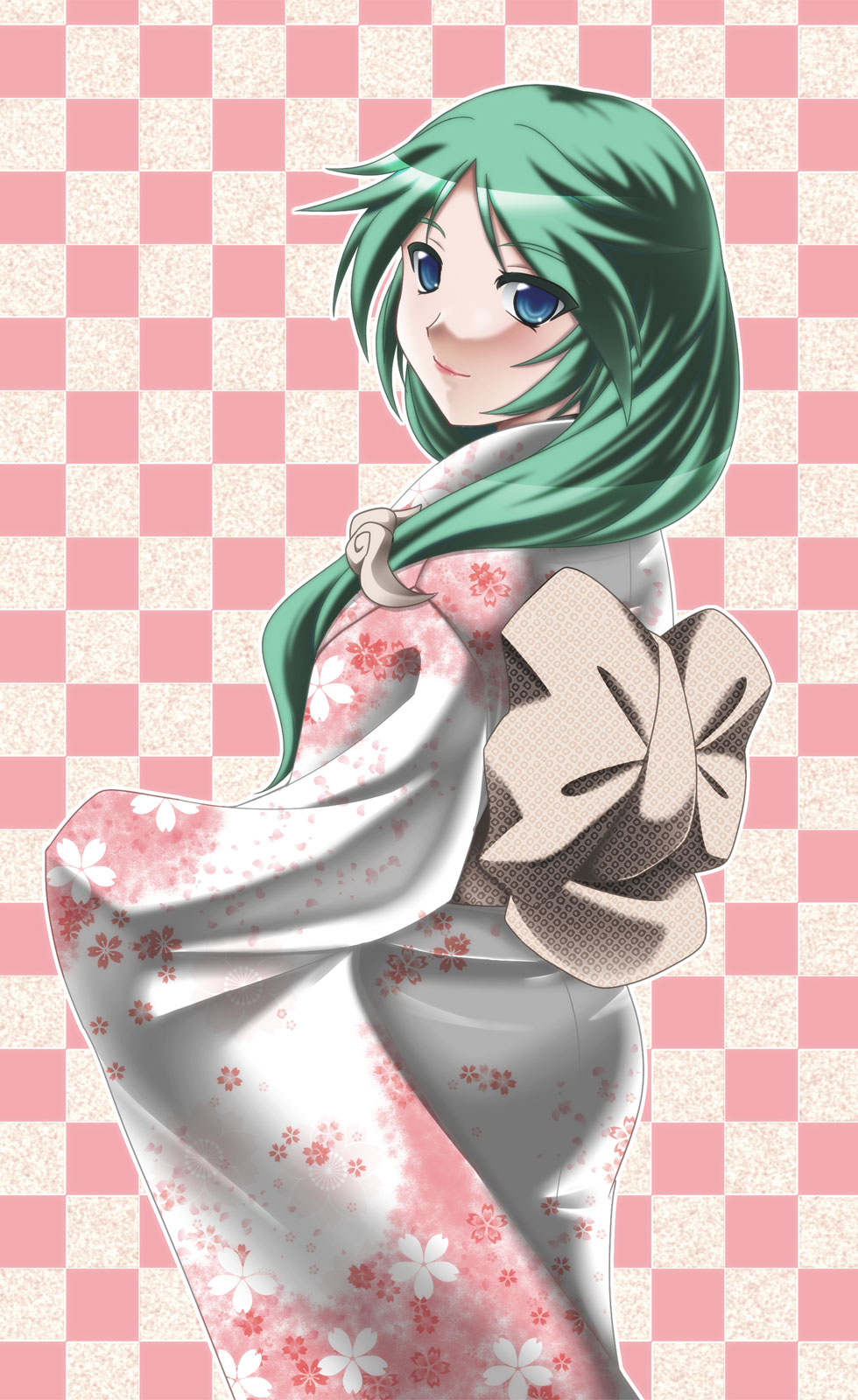 1girl, alternate_costume, ass, blue_eyes, bow, checkered_background, female_focus, from_behind, green_hair, hakkai, highres, japanese_clothes, kid_icarus, kid_icarus_uprising, kimono, long_hair, looking_back, nintendo, palutena, smile, solo