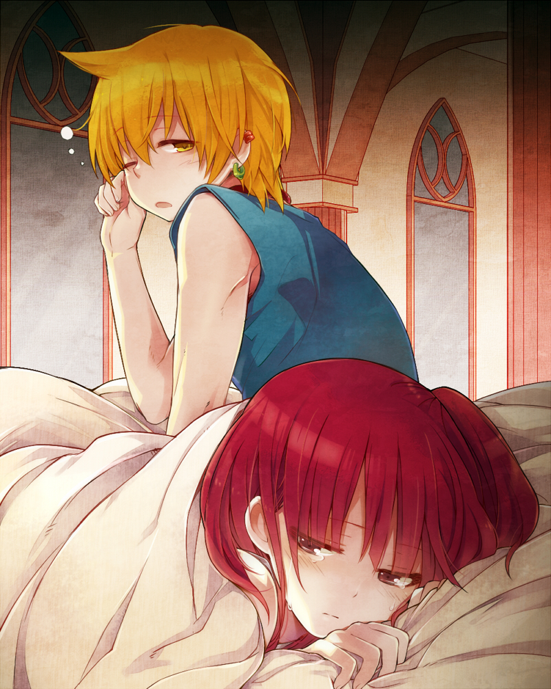 1boy, 1girl, alibaba_saluja, bed, blanket, blonde_hair, blush, couple