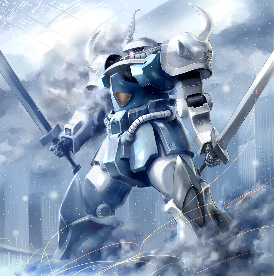colony_interior, dual_wielding, dust, glowing, glowing_eye, gouf_custom, gundam, gundam_the_plot_to_assassinate_gihren