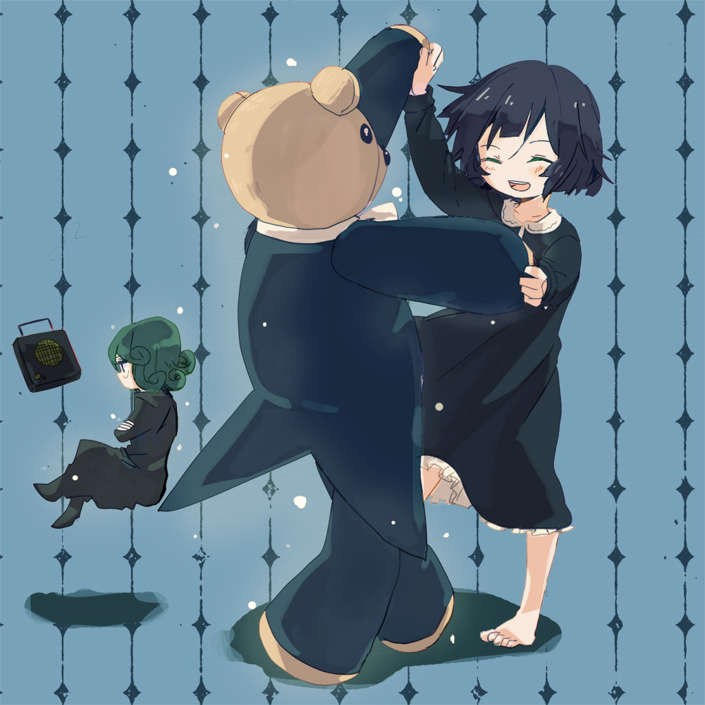 2girls, ^_^, ^o^, aged_down, barefoot, black_dress, black_hair, blush, closed_eyes, dancing, dress, floating, formal_clothes, fubuki_(one-punch_man), green_hair, multiple_girls, one-punch_man, psychic, siblings, sisters, smile, speaker, stuffed_animal, stuffed_toy, suit, tatsumaki, teddy_bear, una_(mazinger)