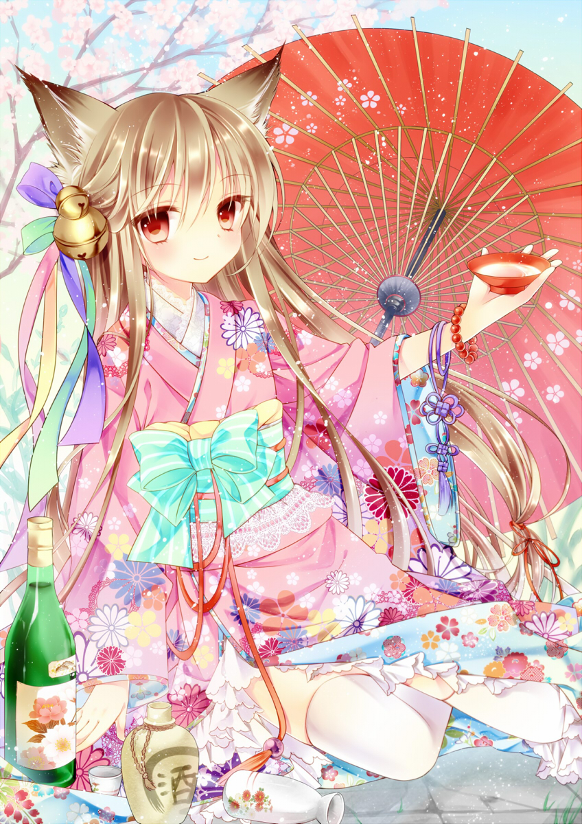 1girl, alcohol, animal_ears, bad_id, bad_pixiv_id, bell, bottle, bracelet, brown_eyes, brown_hair, cherry_blossoms, cup, female_focus, floral_print, hair_ornament, highres, japanese_clothes, jewelry, kimono, long_hair, looking_at_viewer, obi, oil-paper_umbrella, original, puu_(kari---ume), sakazuki, sake, sash, sitting, smile, solo, thighhighs, umbrella, white_thighhighs, yokozuwari