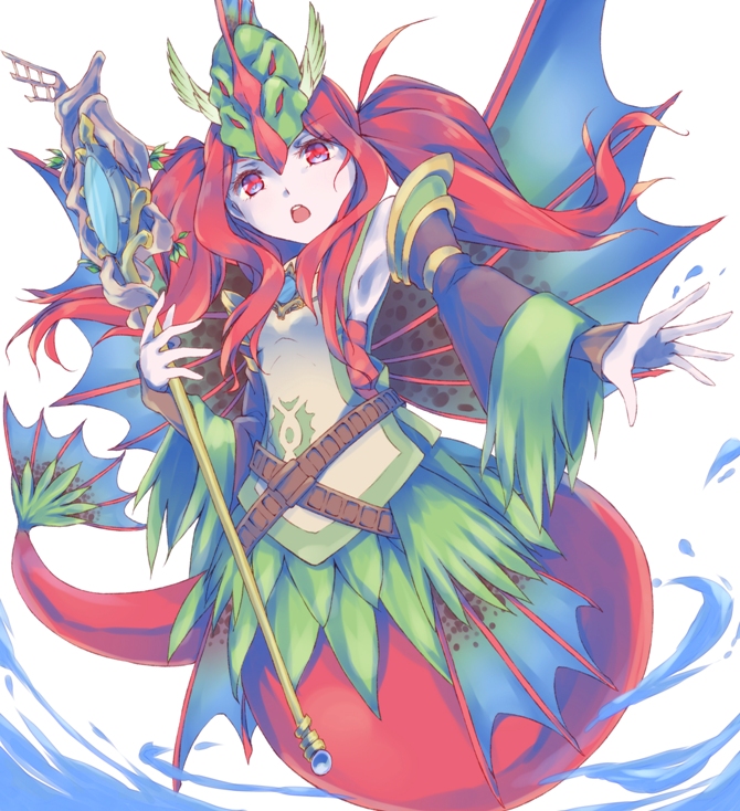 1girl, bad_id, bad_pixiv_id, dodomeiro, duel_monster, evigishki_merrowgeist, female_focus, long_hair, looking_at_viewer, open_mouth, red_eyes, red_hair, solo, staff, yu-gi-oh!