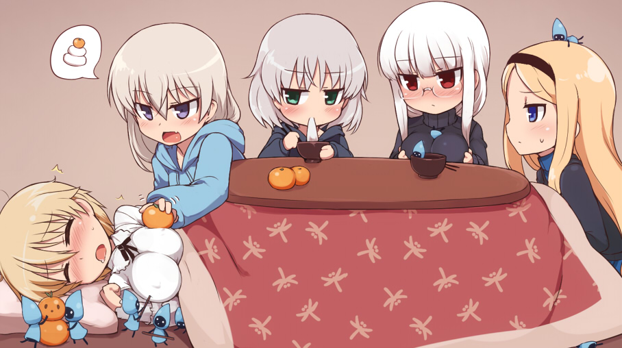 10s, 5girls, aleksandra_i._pokryshkin, alternate_costume, between_breasts, blonde_hair, blue_eyes, blush, bow, bowl, brave_witches, breasts, brown_hair, chopsticks, covered_erect_nipples, drooling, eating, eila_ilmatar_juutilainen, fang, food, fruit, glasses, green_eyes, grey_hair, hair_bow, heidimarie_w._schnaufer, kagami_mochi, kotatsu, large_breasts, long_hair, mandarin_orange, mochi, multiple_girls, nikka_edvardine_katajainen, null_(nyanpyoun), open_mouth, oppai_mochi, orange_(fruit), panties, purple_eyes, red_eyes, sanya_v._litvyak, short_hair, sleeping, strike_witches, sweater, table, tonttu, under_kotatsu, under_table, underwear, wagashi, white_panties, world_witches_series