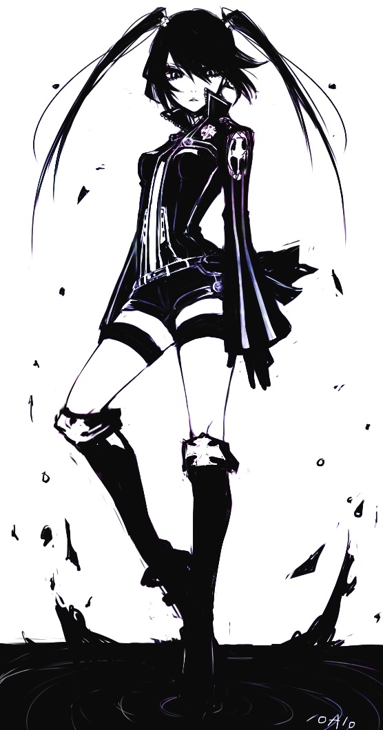 1girl, belt, boots, d.gray-man, female_focus, head_tilt, high_heel_boots, high_heels, lenalee_lee, loalo, long_hair, monochrome, popped_collar, shorts, simple_background, solo, thigh_strap, thighhighs, twintails, zipper