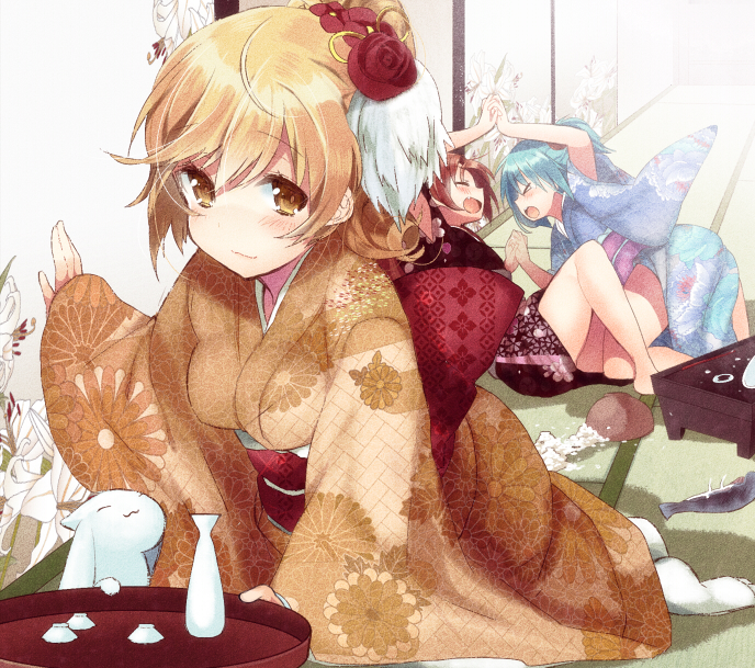 10s, 3girls, :3, alternate_costume, bad_id, bad_pixiv_id, blonde_hair, blue_hair, blue_theme, bowl, choko_(cup), chrysanthemum, closed_eyes, cup, drill_hair, drunk, fish, floral_print, flower, food, furisode, fusuma, hair_flower, hair_ornament, japanese_clothes, kimono, kyubey, lily_(flower), lily_print, looking_at_viewer, mahou_shoujo_madoka_magica, mahou_shoujo_madoka_magica_(anime), miki_sayaka, multiple_girls, new_year, nochita_shin, obi, open_mouth, red_hair, rice, sakazuki, sakura_kyoko, sash, short_hair, sliding_doors, smile, spill, tabi, tatami, tokkuri, tomoe_mami, white_legwear, yellow_eyes, yukata