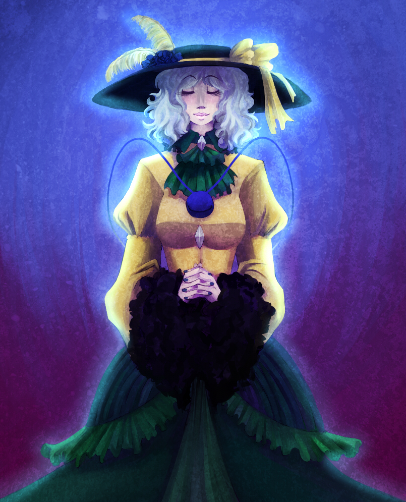 1girl, ascot, backlighting, blue_background, blue_flower, blue_rose, blue_theme, embellished_costume