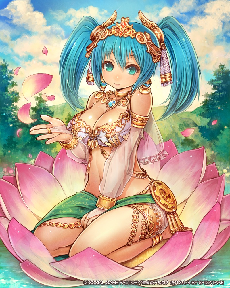 1girl, anklet, aqua_eyes, aqua_hair, armlet, bare_shoulders, barefoot, between_legs