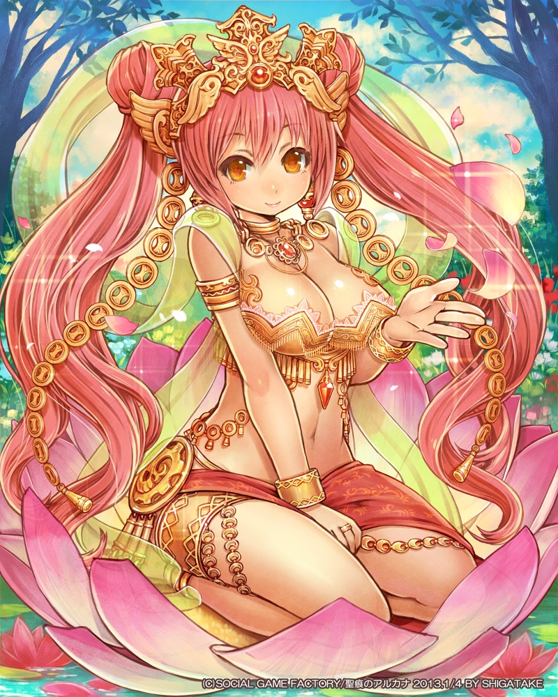 1girl, anklet, armlet, barefoot, bracelet, breasts, brown_eyes, character_request