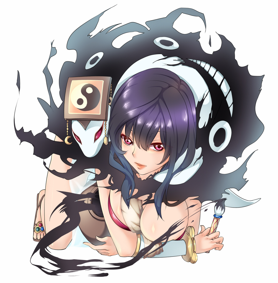 1girl, all_fours, between_breasts, black_hair, breasts, brush, chinese_clothes, cleavage, evil_snake_lord, female_focus, guan_hat, hat, kawagoe_pochi, large_breasts, lips, long_hair, mian_guan, paintbrush, personification, pink_eyes, ragnarok_online, red_eyes, sandals, simple_background, solo, sorcerer_(ragnarok_online), white_background, yin_yang