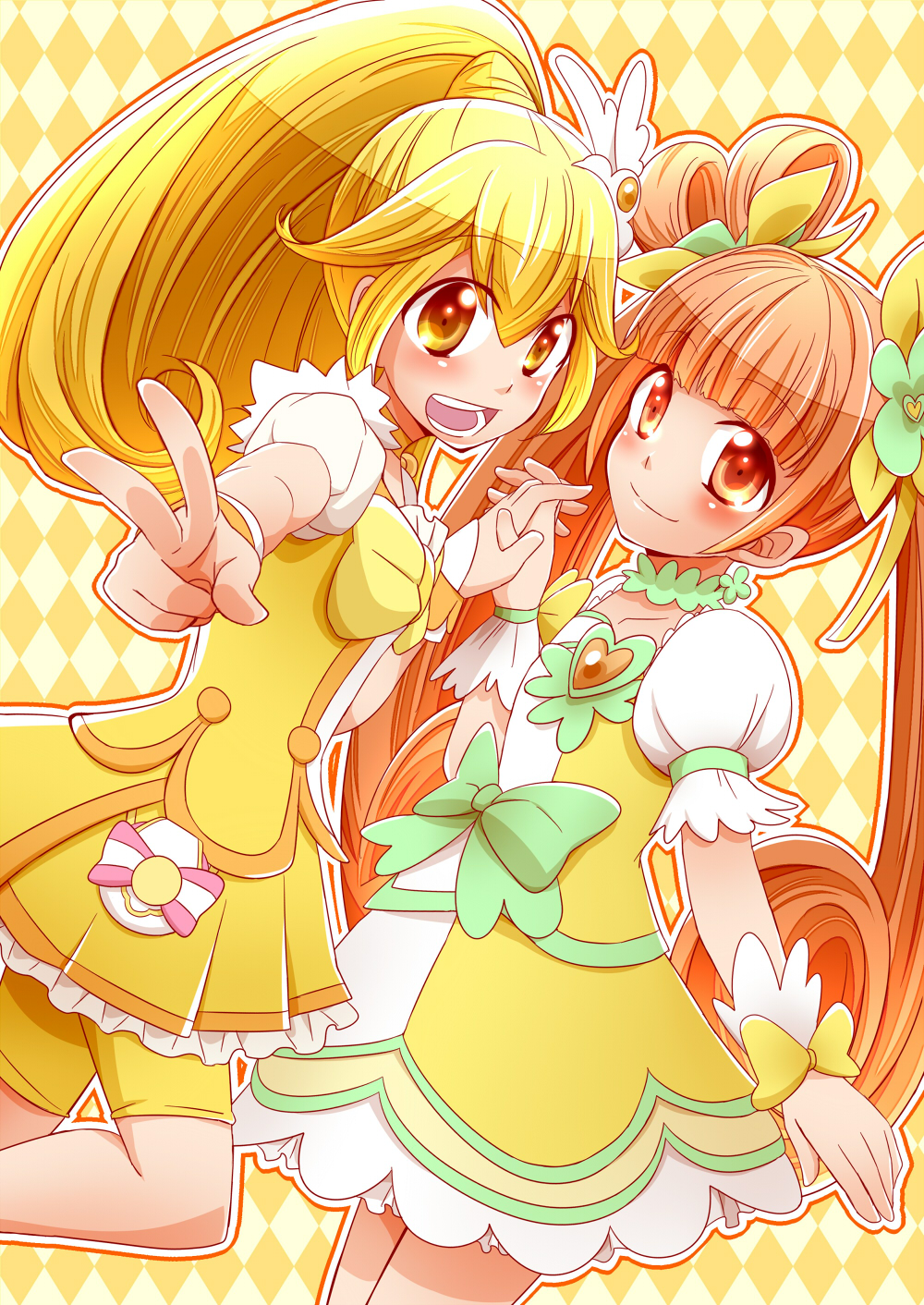 10s, 2girls, bike_shorts, blonde_hair, bow, brooch, brown_hair, choker