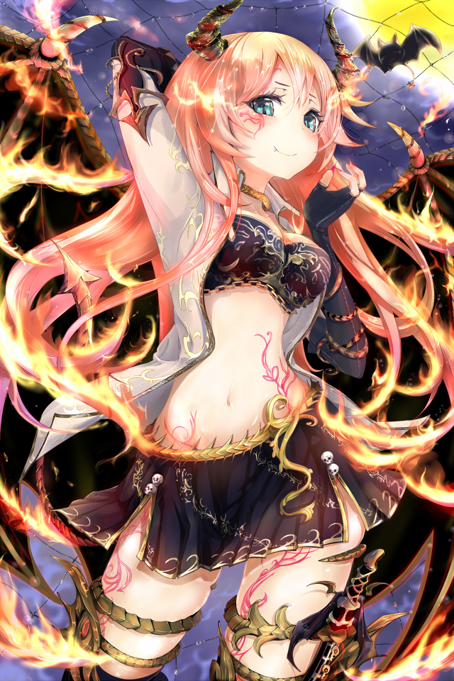 1girl, arm_up, bat_(animal), blue_eyes, choker, dagger, fang, female_focus, fire, full_moon, gunshin_shoukan_ark_knights, horns, keepout, knife, long_hair, looking_at_viewer, midriff, monster_girl, moon, navel, night, original, red_hair, silk, skirt, sky, smile, solo, soramu, spider_web, tattoo, weapon, wings