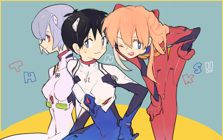 1boy, 2girls, ayanami_rei, bad_id, bad_pixiv_id, black_hair, blue_hair, bodysuit