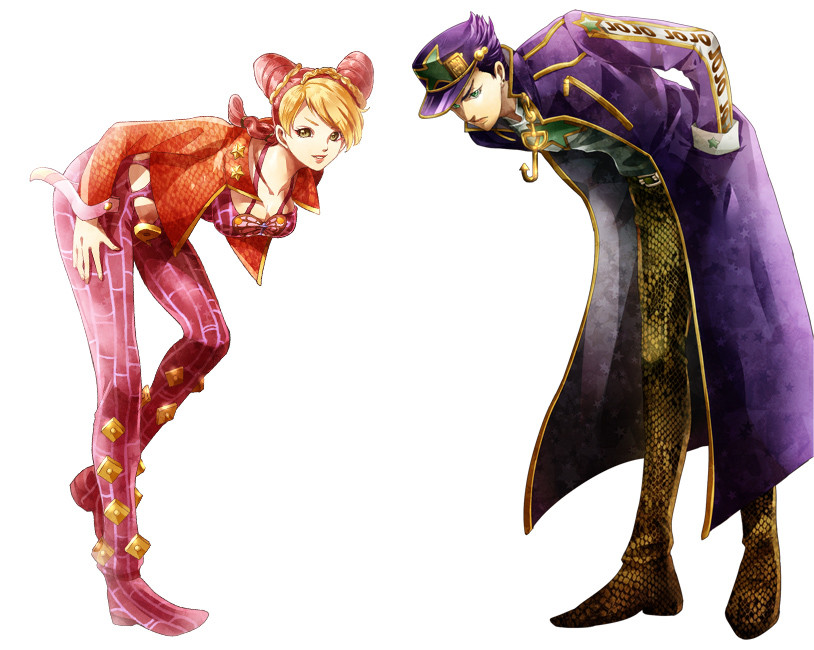 1boy, 1girl, bad_id, bad_pixiv_id, black_hair, blonde_hair, braid, breasts, chain, cleavage, double_bun, father_and_child, father_and_daughter, green_eyes, hair_bun, hat, jojo_no_kimyou_na_bouken, kuujou_jolyne, kuujou_joutarou, long_coat, medium_breasts, multicolored_hair, niku3729, parent_and_child, red_hair, simple_background, snakeskin_print, stone_ocean, tazawa_(odamura), two-tone_hair, white_background