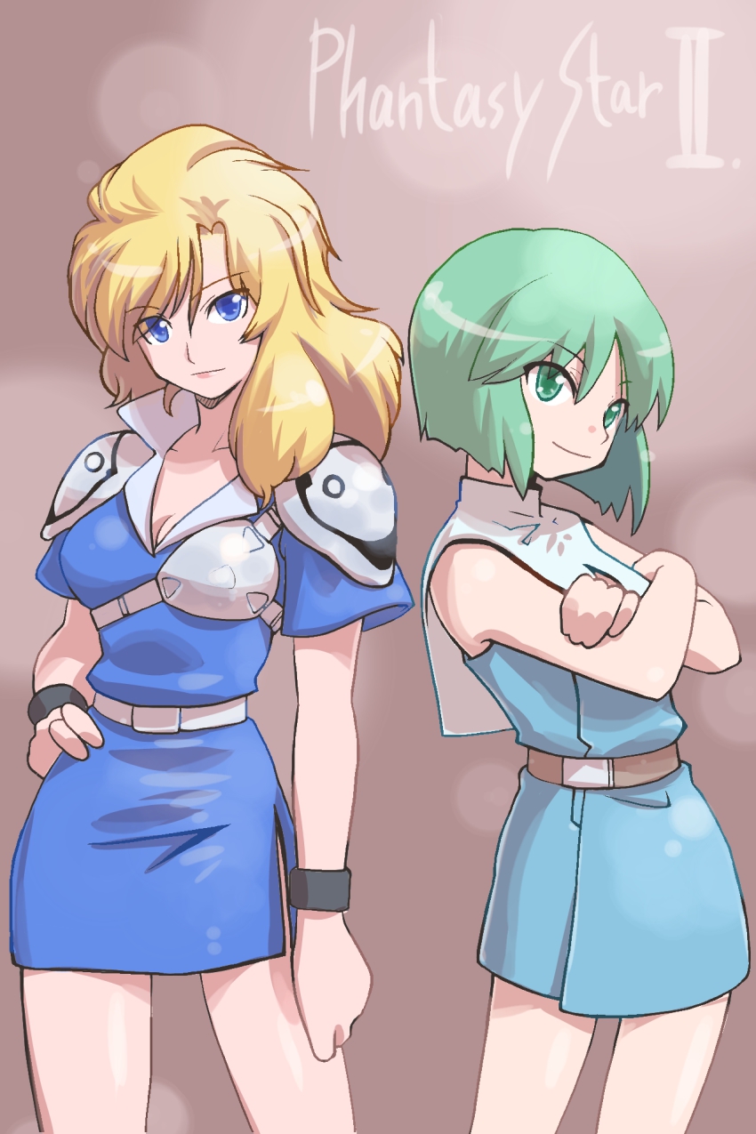 1980s_(style), 2girls, amia_amirski, aqua_dress, armor, belt, blonde_hair, blue_dress, blue_eyes, blue_skirt, capelet, crossed_arms, dress, english_text, green_eyes, green_hair, highres, isedaichi_ken, multiple_girls, oldschool, phantasy_star, phantasy_star_ii, retro_artstyle, sega, shilka_levinia, short_hair, shoulder_armor, simple_background, skirt, smile, wristband