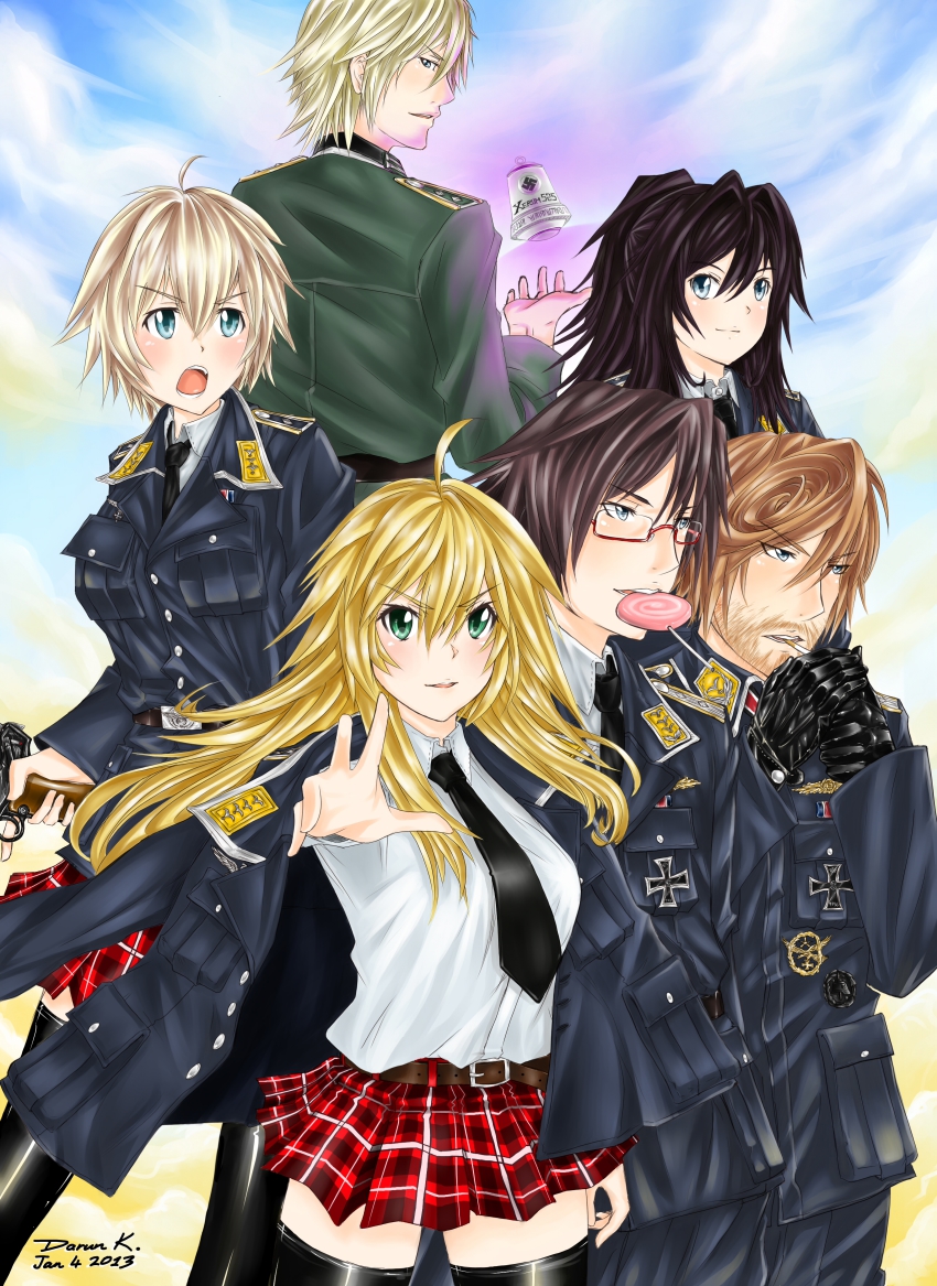 3boys, 3girls, absurdres, ahoge, back, beard, bell, black_hair