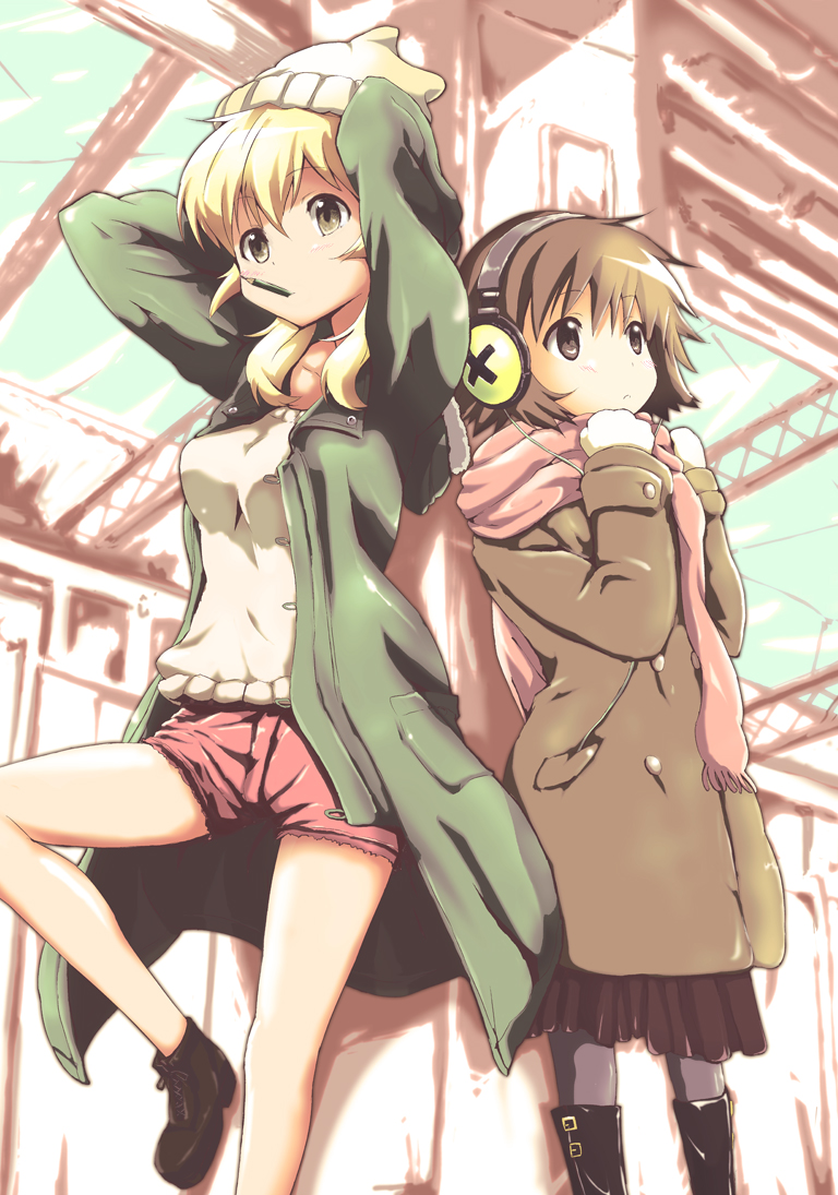 2girls, bad_id, bad_pixiv_id, blonde_hair, blush, boots, brown_eyes, brown_hair