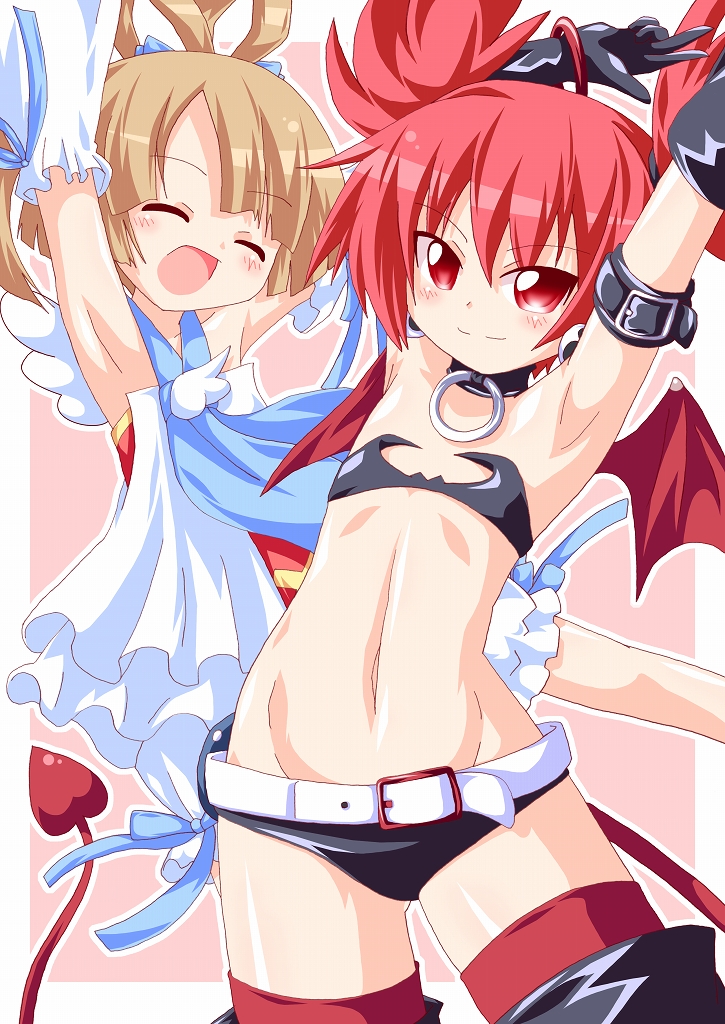 2girls, ^_^, angel_and_devil, arm_belt, armpits, bat_wings, belt, brown_hair, closed_eyes, demon_girl, detached_sleeves, disgaea, disgaea_d2, etna_(disgaea), flat_chest, gloves, hair_rings, kagerou_(kers), kers, long_hair, multiple_girls, navel, nippon_ichi, open_mouth, pear-shaped_figure, red_eyes, red_hair, short_hair, sicily, sicily_(disgaea), smile, tail, twintails, wings