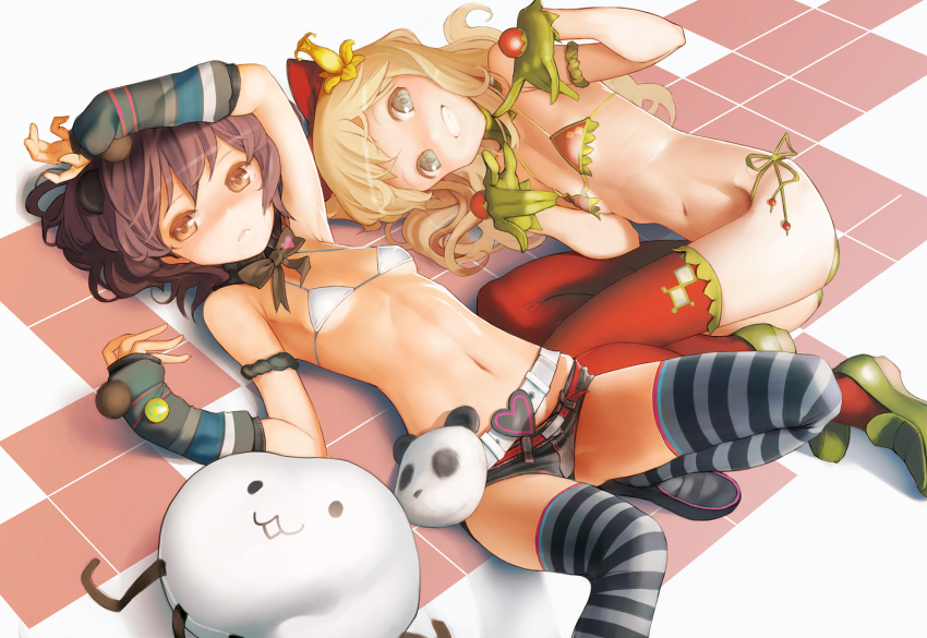 2girls, arm_up, arm_warmers, armpits, ataruman, belt, bikini, bikini_shorts