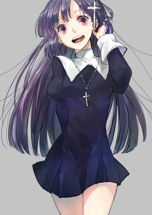 1girl, cross, cross_necklace, female_focus, hair_ornament, hairclip, hand_in_own_hair, jewelry, kannagi, long_hair, migita, necklace, nun, open_mouth, purple_eyes, purple_hair, simple_background, smile, solo, zange