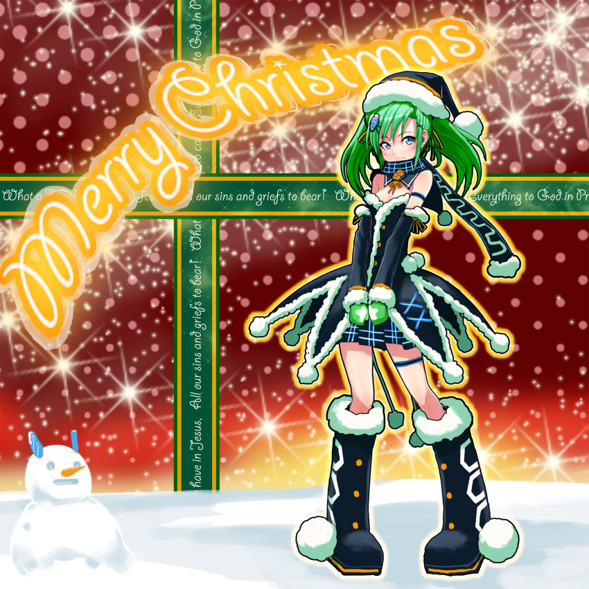 1girl, bare_shoulders, blue_eyes, boots, christmas, cosmic_break, cs-chan, female_focus, green_hair, hair_ornament, hair_ribbon, hat, highres, looking_at_viewer, merry_christmas, official_art, plaid_clothes, plaid_skirt, pleated_skirt, ribbon, santa_hat, scarf, skirt, smile, snow, snowman, solo, sparkle, standing, twintails, v_arms, winter