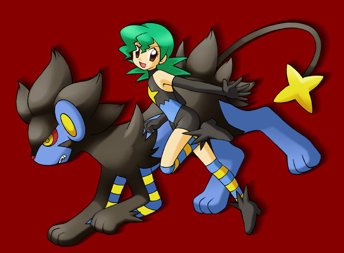 1girl, aged_down, gen_4_pokemon, gloves, green_hair, jenny_(pokemon), luxray, marble_(pokemon)