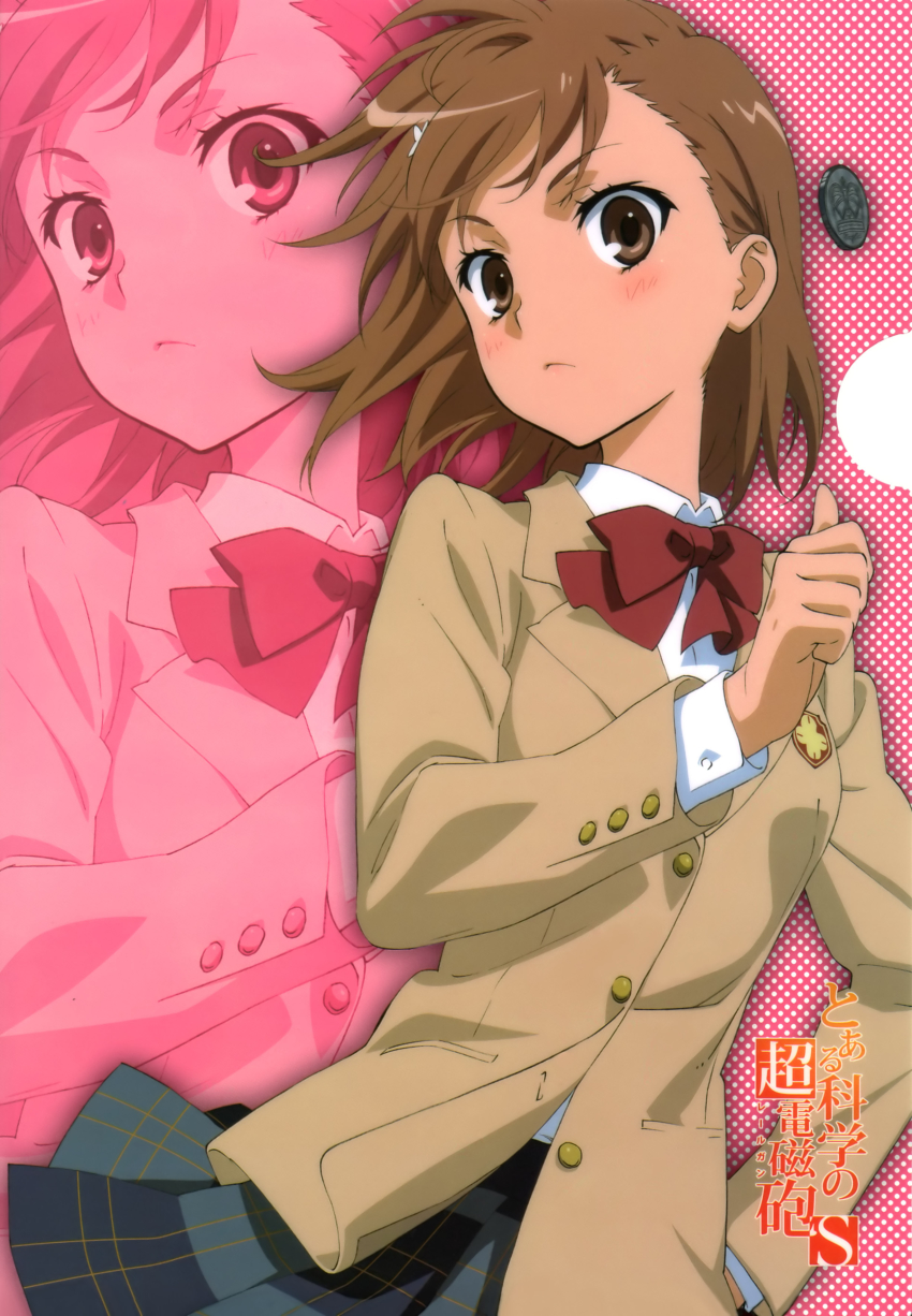 1girl, absurdres, blush, bow, bowtie, brown_eyes, brown_hair, coin