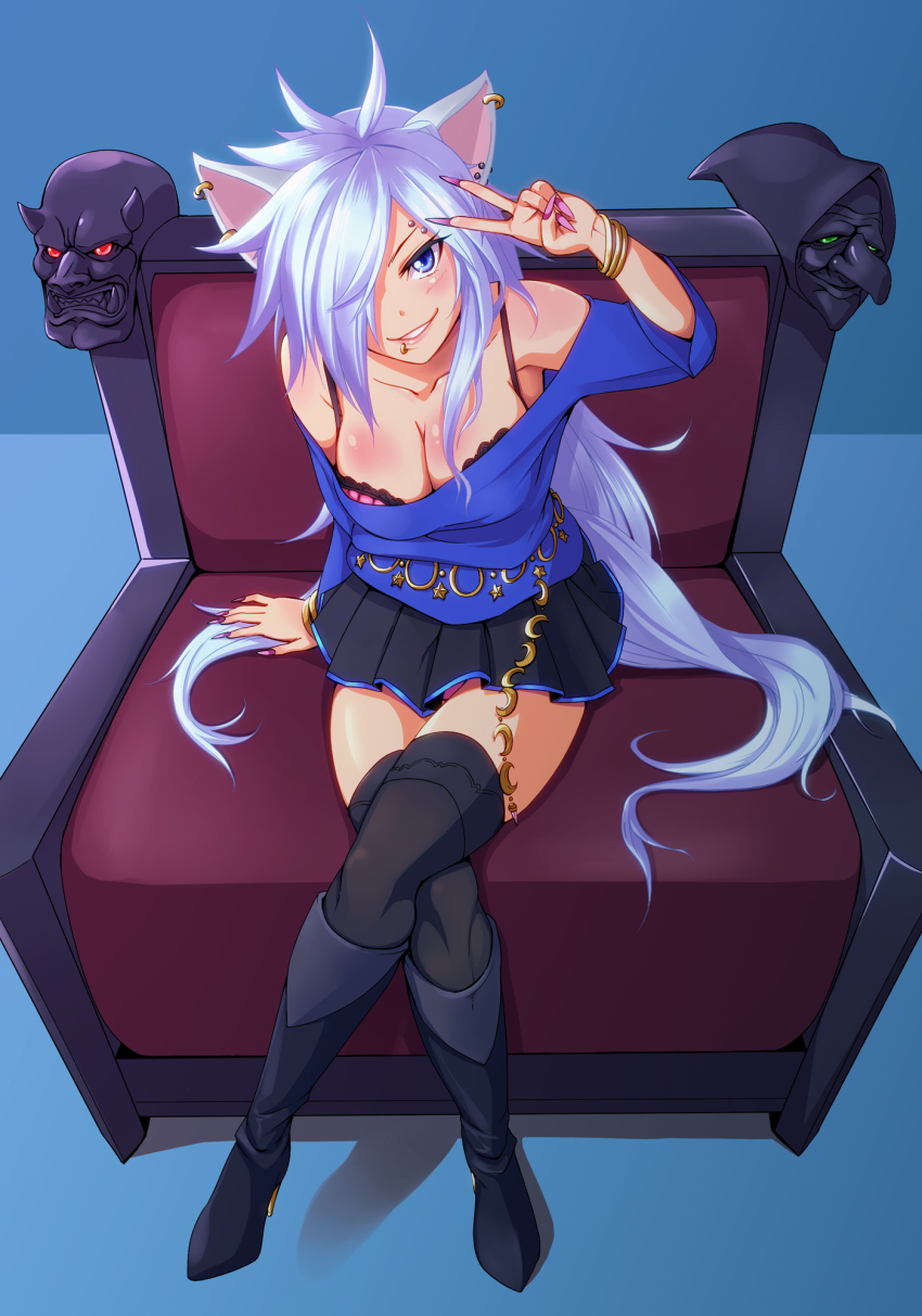 10s, 1girl, animal_ears, black_thighhighs, blue_background, blue_eyes, boots, bracelet, breasts, chair, cleavage, crossed_legs, eyebrow_piercing, face_piercing, female_focus, fingernails, full_body, genderswap, genderswap_(mtf), hair_over_one_eye, high_heel_boots, high_heels, highres, jewelry, lip_piercing, long_fingernails, long_hair, miniskirt, personification, piercing, precure, sharp_fingernails, shoes, sitting, skirt, smile, smile_precure!, solo, thighhighs, very_long_hair, white_hair, wolf_ears, wolfrun, zeku_(furrock)