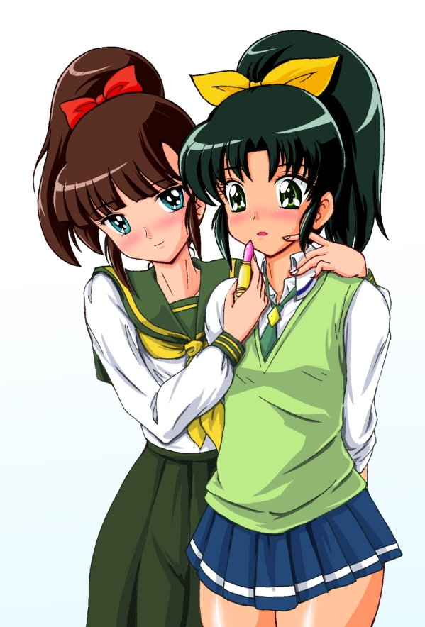 10s, 2girls, arm_around_neck, blue_eyes, blush, bow, brown_hair, character_request, cosmetics, cream_lemon, crossover, escalation, fuchi, green_eyes, green_hair, green_necktie, green_sweater_vest, hair_bow, hair_ribbon, lipstick_tube, long_hair, midorikawa_nao, miniskirt, multiple_girls, necktie, pleated_skirt, ponytail, precure, ribbon, school_uniform, serafuku, skirt, sleeves_rolled_up, smile_precure!, sweater_vest, yuri