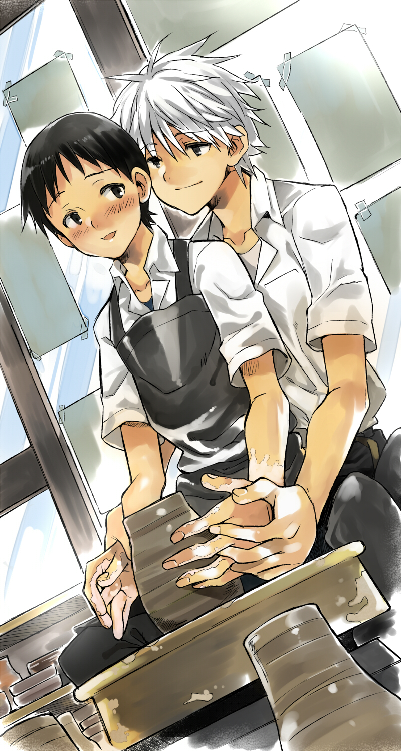 2boys, apron, black_hair, blush, coin_rand, couple, dutch_angle, ghost_(1990_movie), highres, ikari_shinji, male_focus, multiple_boys, nagisa_kaworu, neon_genesis_evangelion, open_mouth, parody, pottery_wheel, short_hair, smile, white_hair, yaoi