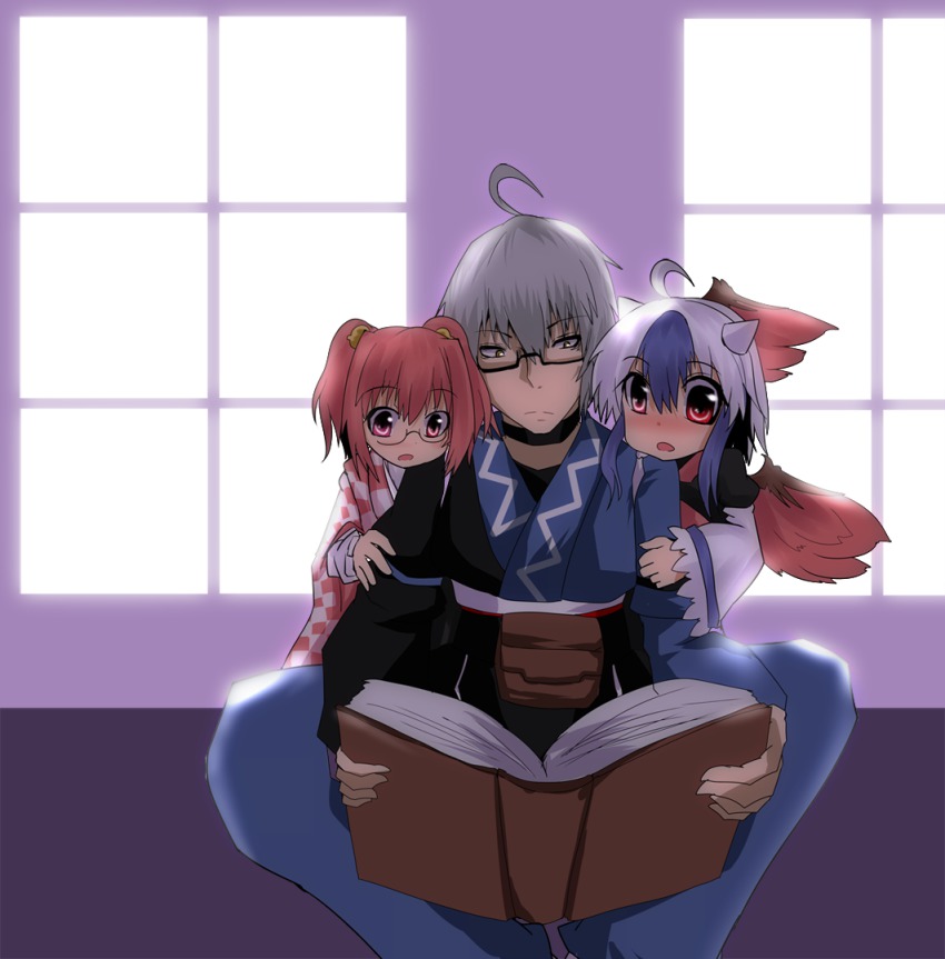 1boy, 2girls, ahoge, bell, blue_hair, blush, checkered_clothes, checkered_kimono, glasses, hair_bell, hair_ornament, head_wings, horns, japanese_clothes, jingle_bell, kimono, long_sleeves, morichika_rinnosuke, motoori_kosuzu, multicolored_hair, multiple_girls, open_mouth, reading, red_eyes, red_hair, shishamoji, short_hair, silver_hair, tokiko_(touhou), touhou, two-tone_hair, wings