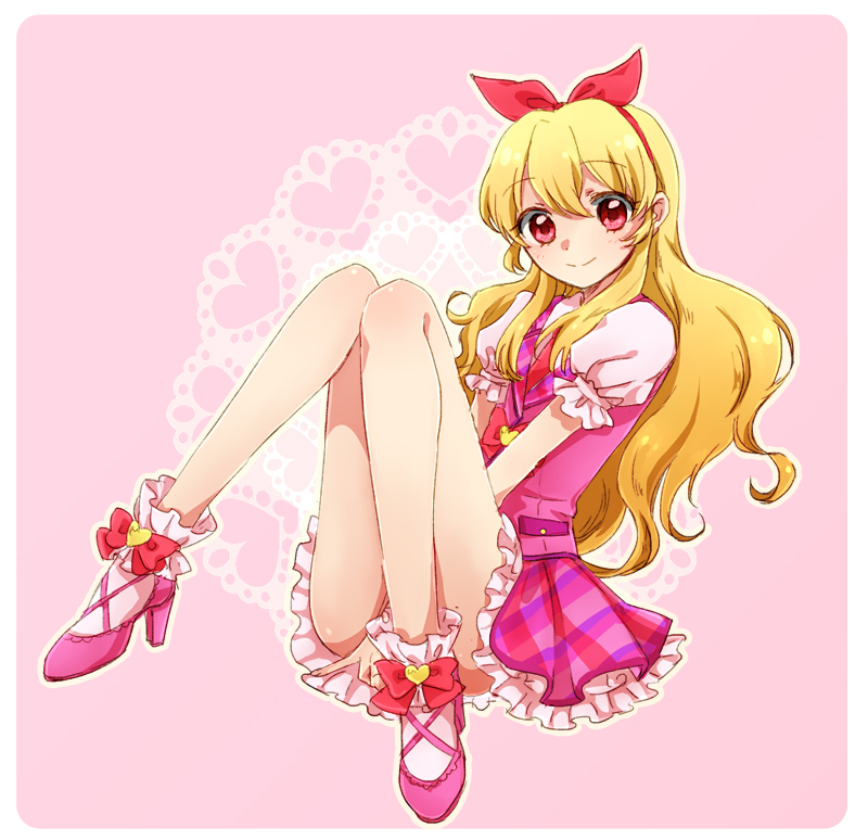 10s, 1girl, aikatsu!, aikatsu!_(series), bad_id, bad_pixiv_id, between_legs, blonde_hair, bow, female_focus, frills, hair_ribbon, hand_between_legs, heart, high_heels, hoshimiya_ichigo, long_hair, mironomeo, nomeo, red_eyes, ribbon, shoes, sitting, smile, solo