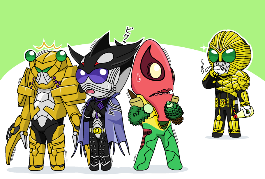 1boy, belt, cape, impending_doom, kamen_rider, kamen_rider_beast, kamen_rider_ooo_(series), kamen_rider_ryuki_(series), kamen_rider_w, kamen_rider_wizard_(series), mayonnaise, mezul, open_mouth, redol, sweets_dopant, volcancer