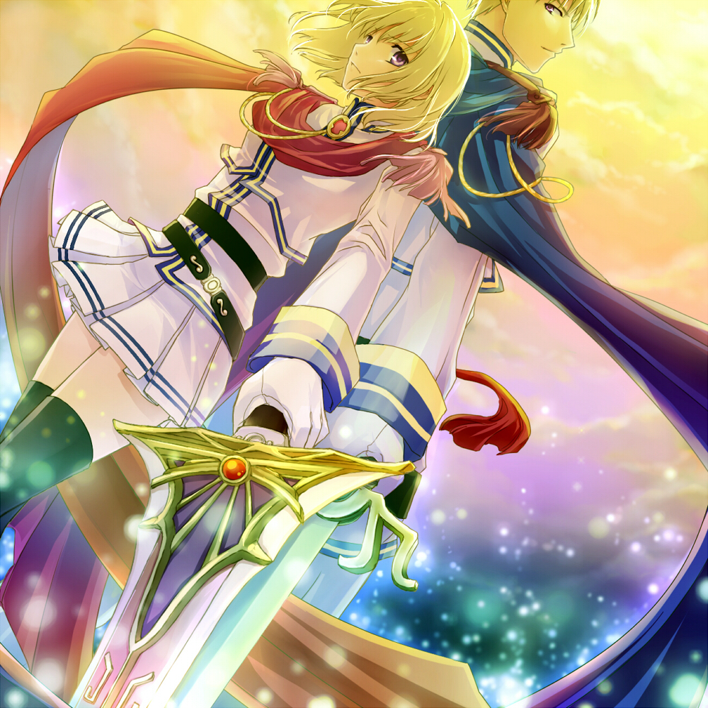 1boy, 1girl, back-to-back, belt, blonde_hair, brother_and_sister, cape, chester_stoddart