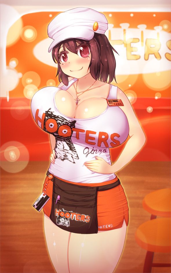 1girl, bad_id, bad_pixiv_id, breasts, brown_hair, cleavage, employee_uniform, female_focus, hands_on_own_hips, hooters, huge_breasts, jewelry, long_hair, necklace, red_eyes, smile, solo, toki_(tokinokogiri), tokinokogiri