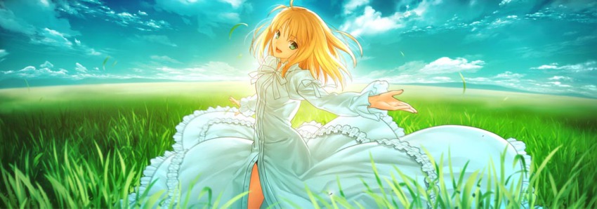 1girl, ahoge, artoria_pendragon_(fate), backlighting, blonde_hair, blue_sky, day, dress, fate/stay_night, fate_(series), female_focus, field, fisheye, frilled_dress, frills, grass, green_eyes, hair_down, head_tilt, horizon, last_episode_(fate), long_hair, long_image, official_alternate_costume, saber_(fate), sky, solo, takeuchi_takashi, white_dress, wide_image