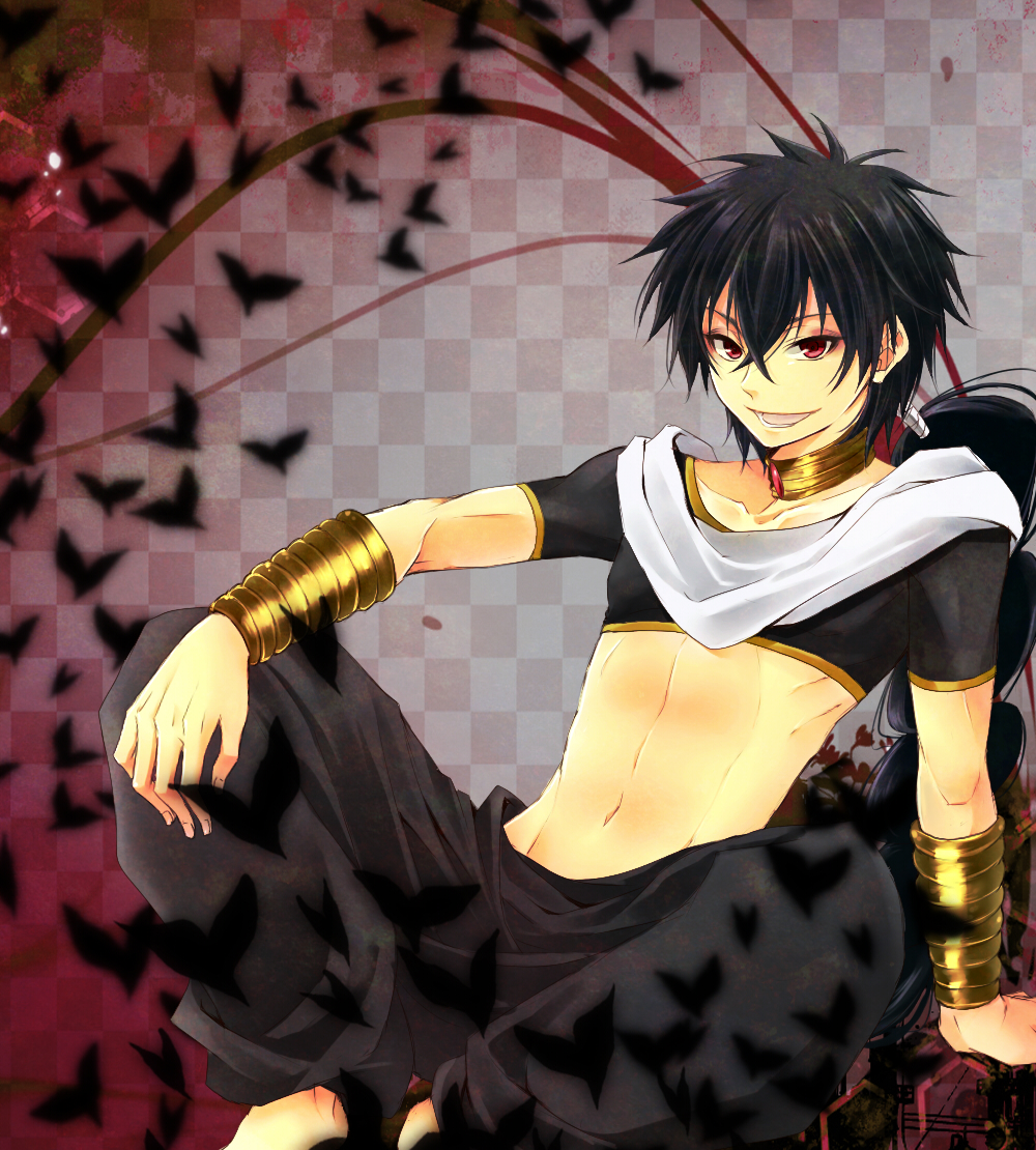 1boy, bad_id, bad_pixiv_id, black_hair, bracelet, braid, checkered_background, jewelry, judal, kanade_(reveryearth), long_hair, magi_the_labyrinth_of_magic, male_focus, midriff, neck_ring, red_eyes, single_braid, solo