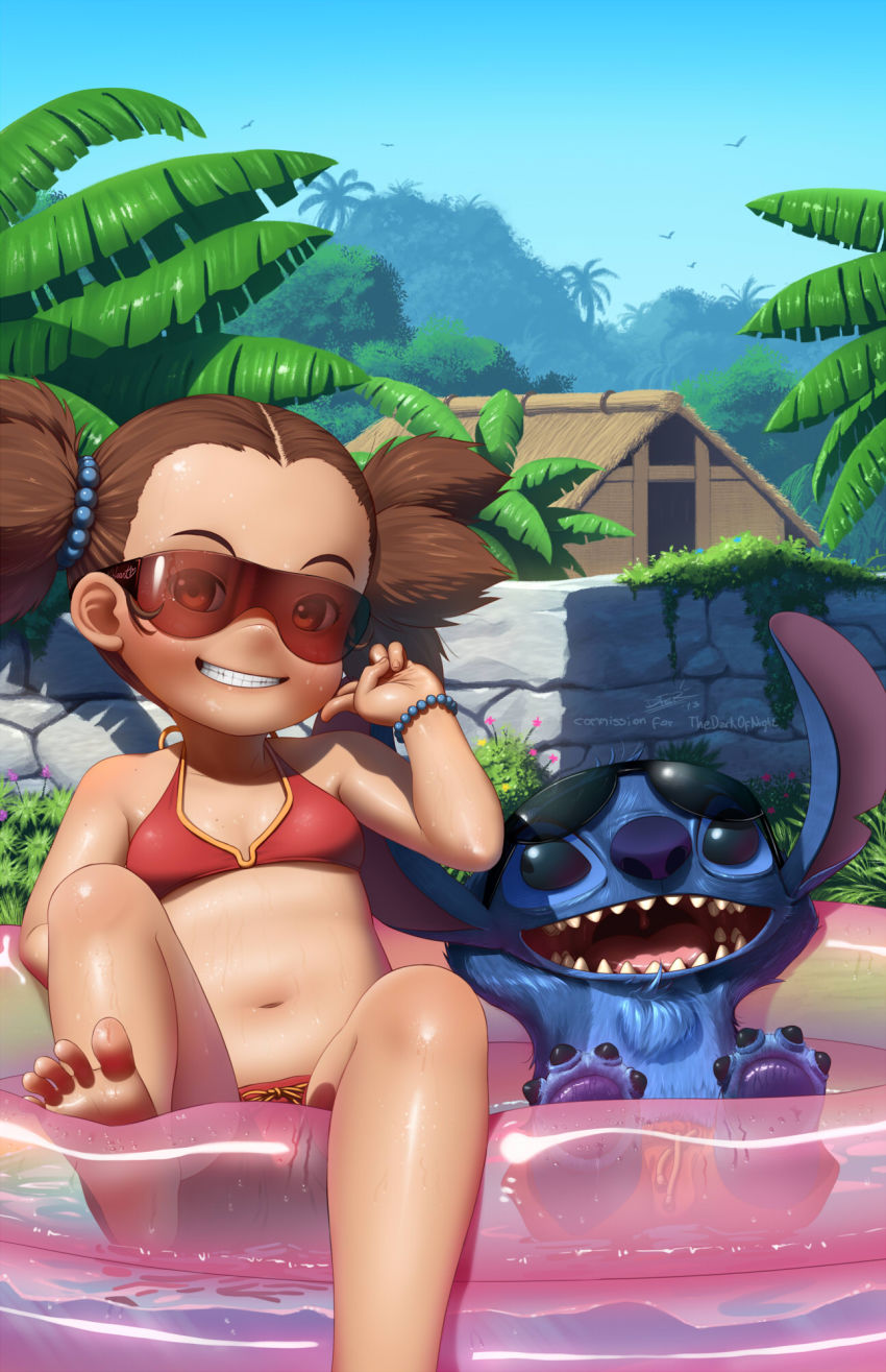 10s, 1girl, 2012, arms_behind_head, bad_id, barefoot, bikini, black_eyes, bracelet, brown_eyes, brown_hair, child, dated, fangs, feet, grin, highres, idfer, innertube, jewelry, jungle, lilo_&amp;_stitch, male_swimwear, nature, navel, notched_ear, open_mouth, palm_tree, red_male_swimwear, red_swim_trunks, short_hair, short_twintails, signature, smile, soles, stitch!, stitch_(lilo_&amp;_stitch), sunglasses, sunglasses_on_head, swim_ring, swim_trunks, swimsuit, teeth, toes, tree, twintails, wet, yuna_(stitch!)