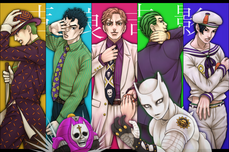 5boys, beret, black_eyes, black_hair, blonde_hair, bowler_hat, dead_man's_questions, dixie_cup_hat