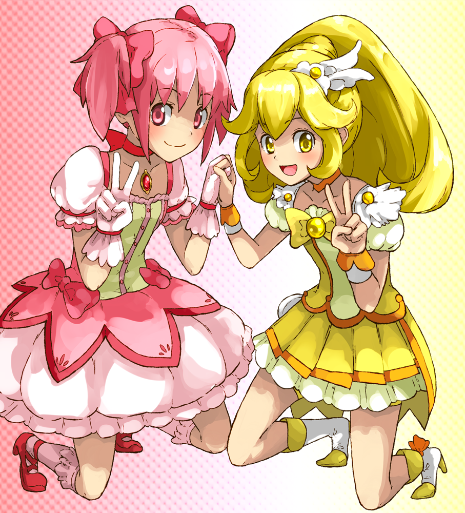 10s, 2girls, blonde_hair, bow, bubble_skirt, choker, crossover, cure_peace