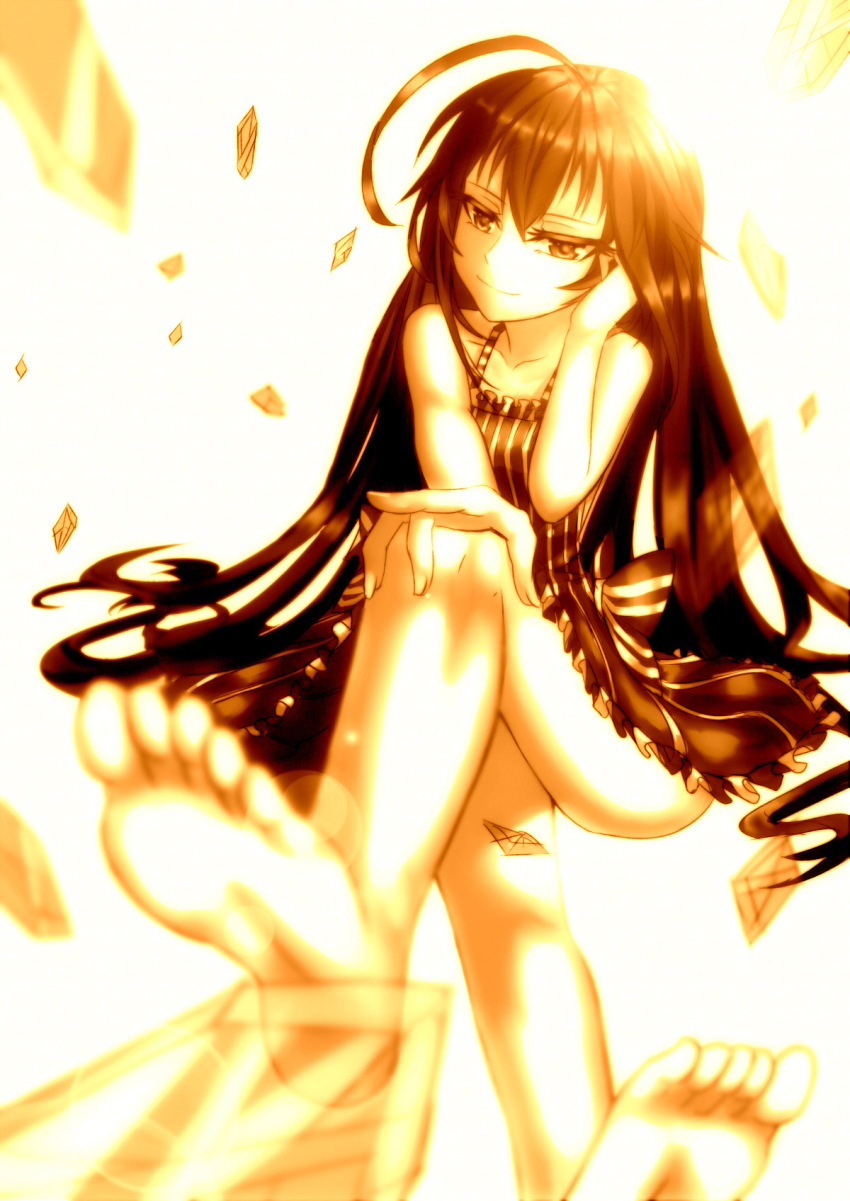 1girl, ahoge, bad_id, bad_pixiv_id, barefoot, black_eyes, black_hair, crossed_legs