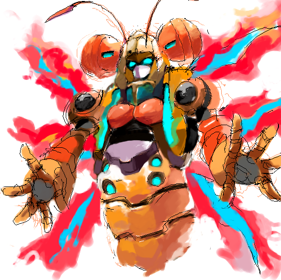 1girl, android, armor, arthropod_girl, byte_(grunty-hag1), capcom, fire, mega_man_(series), mega_man_zero_(series), mega_man_zero_4, no_humans, oekaki, shaded_face, simple_background, sol_titanion_(mega_man), white_background