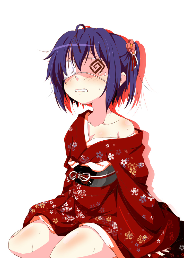 10s, 1girl, @_@, bad_id, bad_pixiv_id, blue_hair, chuunibyou_demo_koi_ga_shitai!, eyepatch, female_focus, japanese_clothes, kimono, ko-chin, off_shoulder, one_side_up, short_hair, side_ponytail, sitting, solo, takanashi_rikka, wariza