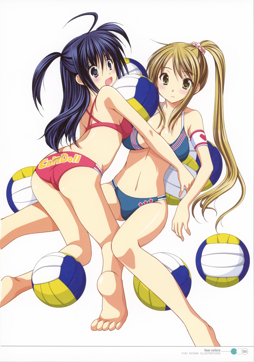 2girls, absurdres, ahoge, armband, ass, azuma_yuki, ball, barefoot, bikini, bikini_writing, blonde_hair, blue_eyes, blue_hair, blush, breasts, carrying, cleavage, feet, hair_ornament, hair_scrunchie, highres, holding, holding_ball, large_breasts, legs, long_hair, looking_back, multiple_girls, open_mouth, original, pink_scrunchie, ponytail, scan, scrunchie, shiny_skin, soles, swimsuit, swimsuit_writing, toes, two_side_up, volleyball_(object), yellow_eyes