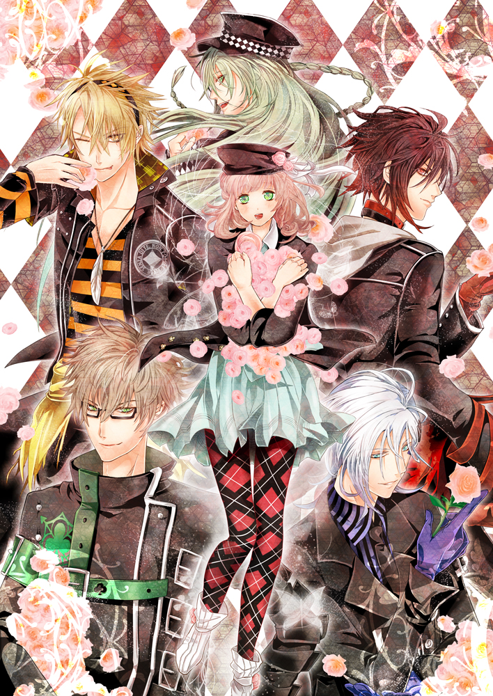 1girl, 4boys, amnesia_(idea_factory), argyle_background, argyle_clothes, argyle_legwear, bishounen, black_hair