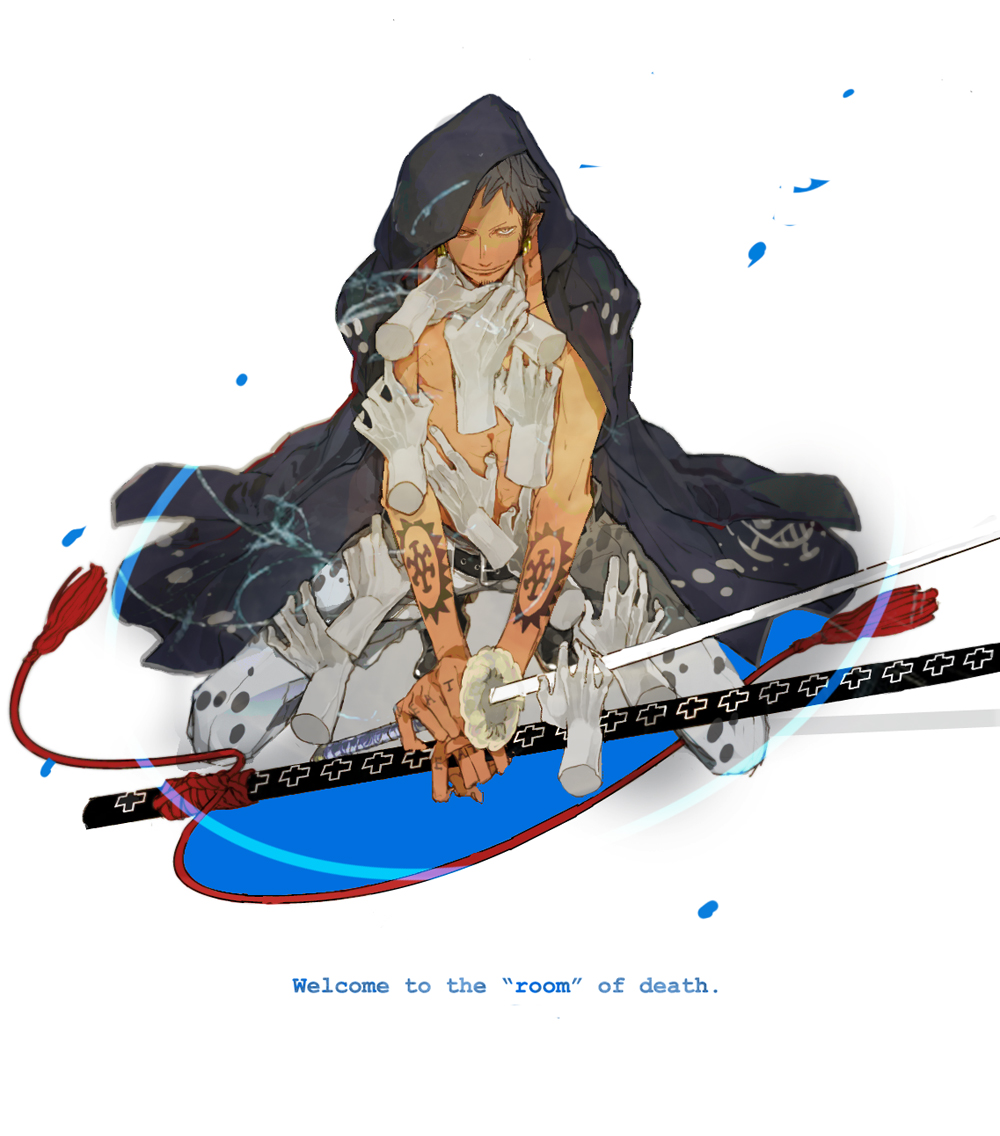 1boy, beard, belt, black_hair, buckle, coat, earrings, english_text, facial_hair, glaring, jewelry, kneeling, leaf, long_sideburns, male_focus, natsume_(ntm_62), one_piece, ootachi, scabbard, severed_hand, sheath, sideburns, simple_background, solo, strangling, tattoo, topless_male, trafalgar_law